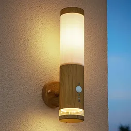 GLOBO Aussenleuchte Außenlampe Bewegungsmelder Edelstahl mit Bewegungsmelder Wandlampe Aussen Edelstahl, Holz Optik mit Deko Led, 1x E27, Bxh 8,5 x 35 cm