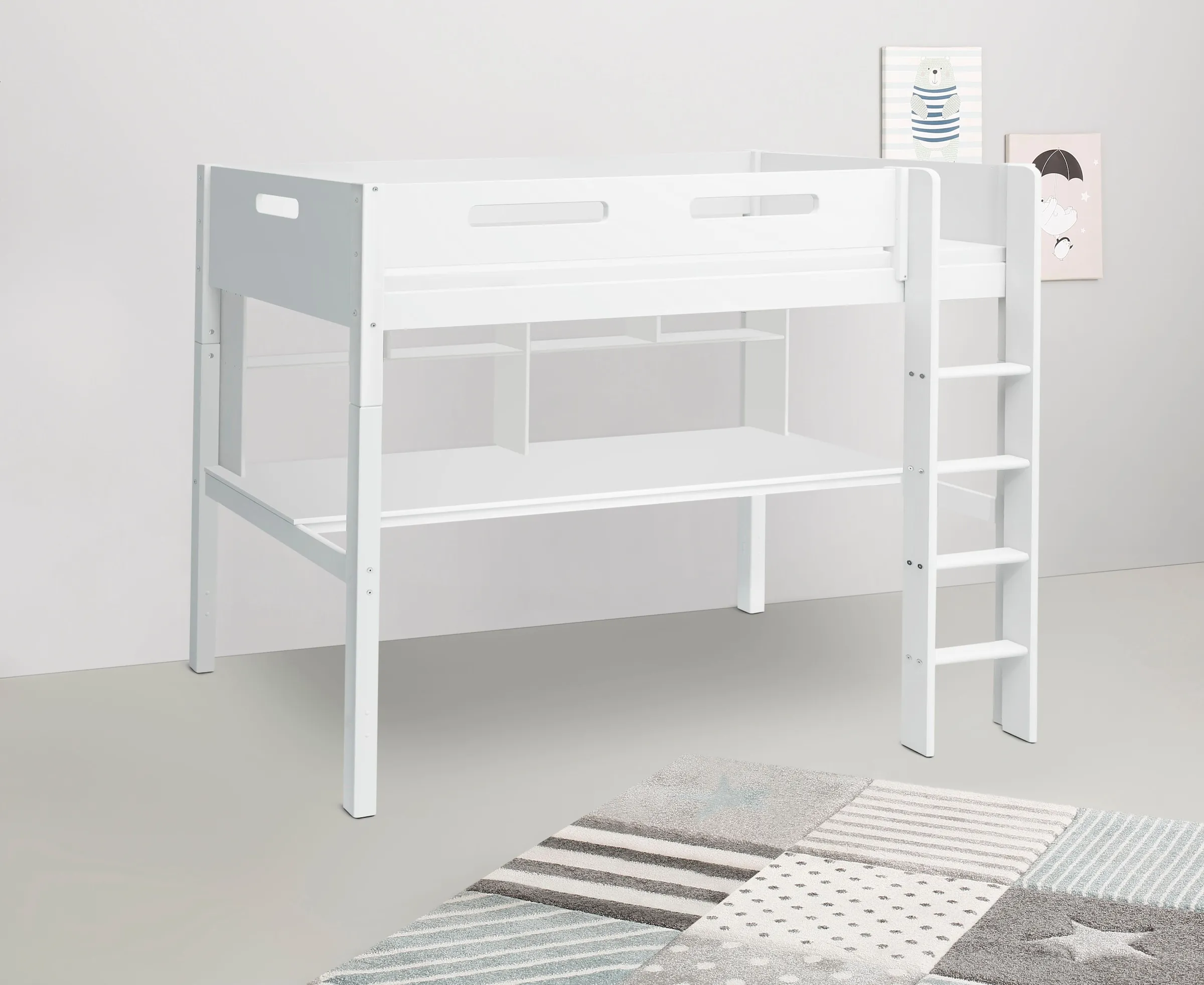 Hochbett »Nordic Kinderbett, Hausbett, Spielbett, Daybett,«, mit Absturzsicherung, umbaubar, bester Qualität, stabil, weiß, , 56096026-0 Breite Absturzsicherung vorne in MDF-Schreibtisch und Regal