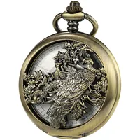 TREEWETO Mechanische Bronze-Taschenuhr für Herren, Glücks-Pfau, Skelett-Taschenuhr, antikes römisches Zifferblatt, mit Kettenbox, bronze