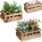 Relaxdays Blumenkasten 3er Set, Holz, Zaunoptik, Balkon & Fensterbank, Pflanzkästen in vers. Größen, Balkonkasten, natur