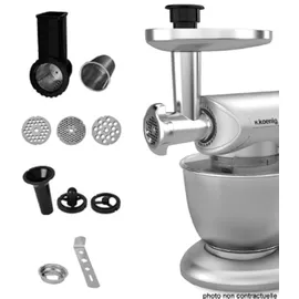 h.koenig AC8 Zubehör KM80 Küchenmaschine / Fleischwolf / 3 Lochscheiben / Reibe mit 3 Einsätzen / Wurstfüller / Cookie-Set / silber