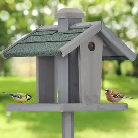 Relaxdays Vogelfutterhaus mit Ständer, Silo, wetterfestes Dach, Garten, Holz Vogelhaus HBT 135 x 67 x 56 cm, grau/grün