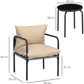 Outsunny 3tlg. Gartenmöbel-Set, Bistro-Set mit 2 Stühlen, 1 Couchtisch, Sitzkissen, Gartensitzgruppe für Balkon, Terrasse, - - Beige