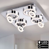 ETC Shop Design Deckenleuchte Kristall 4 flammig Strahler bewegliche Ringe, LED 24 Watt 2280 Lumen warmweiß, LxBxH 40x40x13cm, Wohnzimmer Esszimmer Schlafzimmer