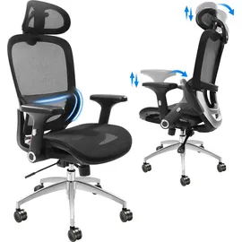 Vevor Bürostuhl Ergonomisch, Schreibtischstuhl mit Verstellbarer Kopfstütze 80 mm, mit Armlehnen Lendenwirbelstütze, Drehstuhl Wippfunktion, Chefsessel aus Mesh, Rückenschonend, Bürostuhl 130 kg