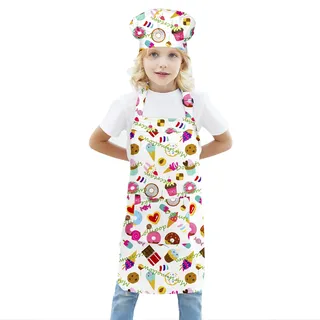 BIGHAS Kinderschürze Kochmütze Verstellbarer Nackenriemen Klettverschluss Design Bund zum Backen, Malen, Kochen (Weiß-Nachtisch, (3'3"-3'11") S)