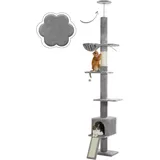 PAWZ Road Kratzbaum deckenhoch, Katzenbaum vom Boden bis zur Decke verstellbar, höhenverstellbar (216-273cm), Katzenturm mit Hängematte und Katzenhöhle, Anti-Sturzgurt Grau
