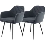 HELA Tische Hela Tische, 2er Set Armlehnenstuhl Küchenstuhl MILA - Microfaser Samt Grau - Streifensteppung - -Metallfüße Schwarz Armlehne, Steppnähte