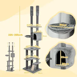 PawHut Kratzbaum Deckenhoch, Katzenbaum, 225-255 cm Katzenkratzbaum mit Katzenhöhle, Kratzstämmen, Korb, Spielball, Katzenmöbel mit Kippschutz, Grau