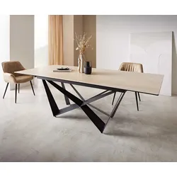 DELIFE Esstisch Edge 180-220x100 Keramik Travertin Natur Spider Flachstahl Schwarz ausziehbar, Esstische