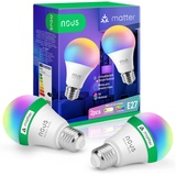 Nous P3 Smarte Glühbirne E27, Kompatibel mit Matter, Alexa, Home Assistant & Apple HomeKit, Smart Home, Fernbedienung, LED Lampe Farbwechsel, RGB Glühbirne, 2.4 GHz WiFi