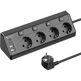 Ecksteckdose mit 2 Typ C und 2 USB A, 4 Fach Steckdosenleiste Einzeln Schaltbar Mehrfachsteckdose Wandmontage 2500W 16A Mehrfachstecker Küche Steckerleiste, 2M Kabel (Schwarz)