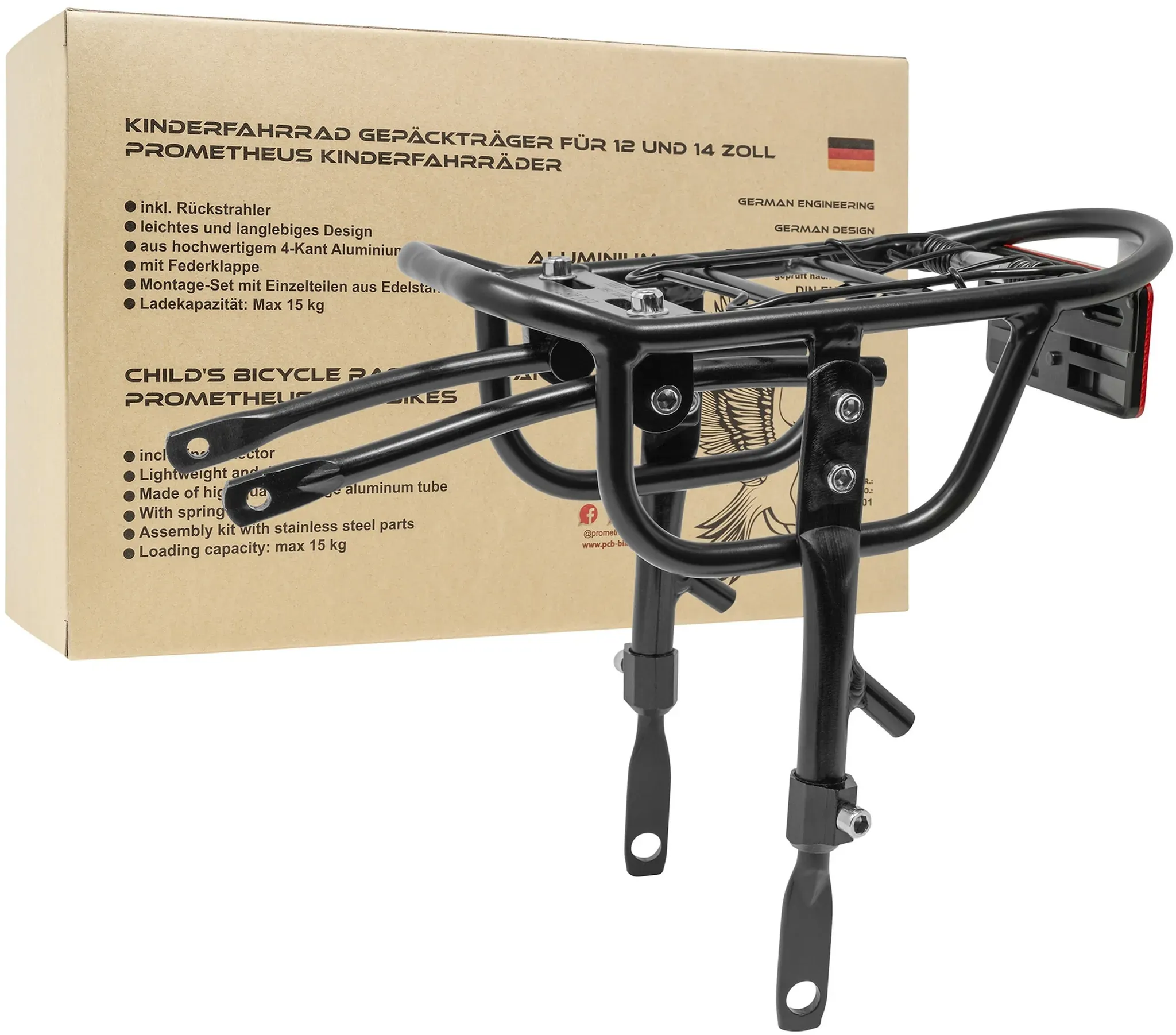 PROMETHEUS BICYCLES Gepäckträger Vario für Kinderfahrrad Universell 12+14 Zoll, schwarz