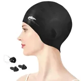 Flintronic Silikon Badekappe Ohrenschutz, Erwachsene Unisex Schwimmkappe für Lange Haar, hypoallergene wasserdichte Badekappen mit Ohrstöpsel&Nasenklemme für Damen, Herren, Kinder - Schwarz