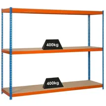 Proregal Schwerlastregal Wood Beast Three HxBxT 200 x 240 x 90 cm 3 Ebenen Fachlast 400 kg Blau-Orange