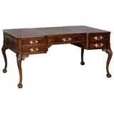 Casa Padrino Luxus Barock Schreibtisch Dunkelbraun / Silber / Grau / Gold - Handgefertigter Mahagoni Schreibtisch mit 5 Schubladen - Barock Büro Möbel