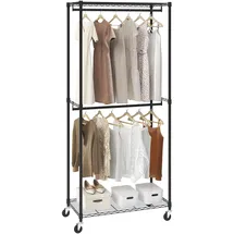 Vevor Rollbarer Kleiderständer Garderobenständer 1 Kleiderstange, 2-lagig, 136 kg Belastbar Strapazierfähiger Rollbarer Kleiderständer für Schlafzimmer, Wäscheraum, Ankleidezimmer, Eingang usw.
