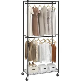 Vevor Rollbarer Kleiderständer Garderobenständer 1 Kleiderstange, 2-lagig, 136 kg Belastbar Strapazierfähiger Rollbarer Kleiderständer für Schlafzimmer, Wäscheraum, Ankleidezimmer, Eingang usw.