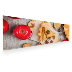 Primedeco Glasbild Wandbild Vorbereitung Apfelkuchen mit Aufhängung, Früchte rot 120 cm x 40 cm