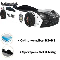 Aileenstore Autobett "Police" + Sportsitze Spielbett für Kinder 90x200 inkl. Lattenrost und Ortho wendbar H2+H3 Matratze