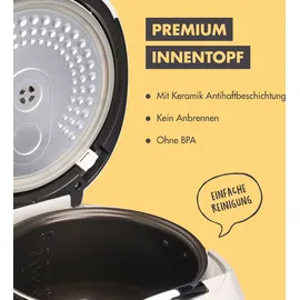 Reishunger Digitaler Reiskocher, Grau (860W/1,5l) für bis zu 8 Personen, Multikocher mit 12 Programmen, Timer- und Warmhaltefunktion inkl. Reishunger - Grau