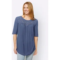 T-Shirt HEINE "Shirt", Damen, Gr. 48, blau (jeansblau), 100% Viskose, Spitze:100% Baumwolle, unifarben, Rundhals, Kurzarm, Shirts