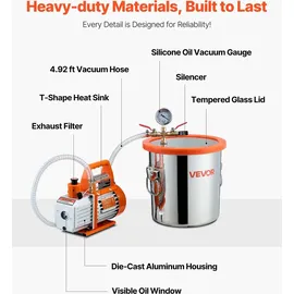 Vevor 11,36 L Vakuumkammer mit Pumpe, 99 L/min, Edelstahl, Entgasungskammer-Kit, einstufig, Deckel aus gehärtetem Glas, 1,5 m Schlauch, zur Stabilisierung von Holzentgasungs-Silikonharz