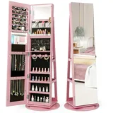 COSTWAY Schmuckschrank mit Ganzkörperspiegel, LED Spiegelschrank rahmenlos, Schmuck-Organizer 360° drehbar & abschließbar, Schmuckaufbewahrung (Rosa)