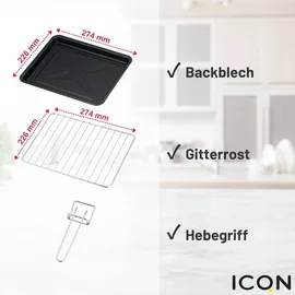 ICQN Minibackofen 15 Liter, 1200W, 60 min-Timer, 3 Kochfuntionen, 90°-230°C, Kleiner Camping Ofen, Anthrazit,