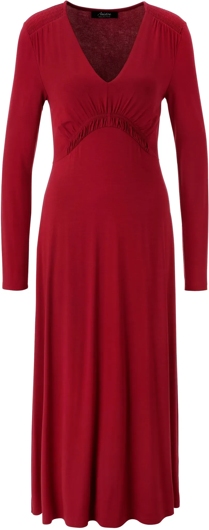 Midikleid ANISTON SELECTED, Damen, Gr. 42, N-Gr, bordeaux, Single Jersey, Obermaterial: 95% Viskose, 5% Elasthan, unifarben, figurumspielend Midi, tiefer V-Ausschnitt, Kleider Midikleid, mit drapierter Unterbrustnaht - NEUE KOLLEKTION