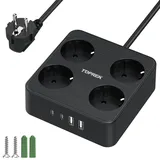 Steckdosenleiste 4 Fach, TOPREK 4000W 16A Mehrfachsteckdose mit USB, 2 USB-A und 2 USB-C Verteilersteckdose mit Schalter, Wandmontage Steckerleiste mit 2M Kabel, Überspannungsschutz