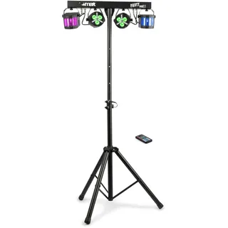 MAX Partybar 12, DJ Lichtanlage Discolicht Partylicht, LED Lichtanlage Party, Musikgesteuert, RGBW-Licht mit Stativ, 2 PAR Spots, 2 Derbies, Stroboskop, Auto-Modus, Auto Programme, Funkfernbedienung