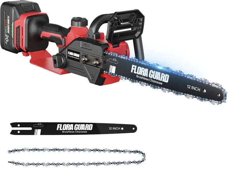 FLORA GUARD 12-Zoll Akku-Kettensäge mit bürstenlosem Motor – 1200W Hochleistungs-Mini-Kettensäge mit 2×4000mAh Akkus und Ladegerät, automatischer Kettenschmierung, kompatibel mit DeWalt 20V Akkus, Kettenöl nicht enthalten