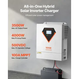 Vevor Hybrid-Solarwechselrichter, reiner Sinus-Wechselrichter 24 V DC auf 220/230 V AC, mit integriertem 100A MPPT-Solarregler, für netzunabhängige Blei-Säure-Lithium-Batterie