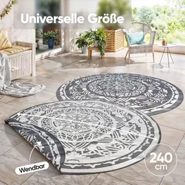 evocamp Outdoor Teppich Ø 240 cm Kunststoffteppich, wetterfest für Terrasse, grau-weiß