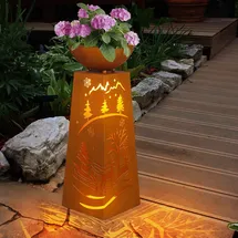 Hi Dekosäule Pflanzenschale Blumenschale Gartendeko Außenlampe Pflanzsäule mit Weihnachtsmotiv, Metall Rost, Akku enthalten Timer, 1x LED warmweiß, H 59 cm