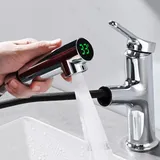 DETBOM Wasserhahn Bad mit Ausziehbarer Brause,Waschtischarmatur mit LED-Wassertemperaturanzeige,mit 2 Strahlarten,Warm Kalt Mischbatterie Bad,Einhebelmischer Waschbecken,Chrom