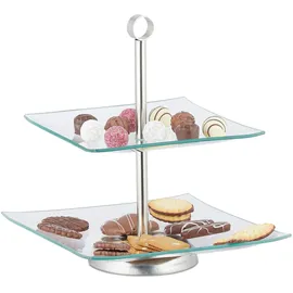 Relaxdays Etagere, 2 stöckig, eckig, Cupcake, Kekse, Obst, Muffin, Servierständer, Glas, Edelstahl, silber/transparent,