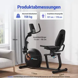 Merach Liege-ergometer, Heimtrainer Fahrrad für Zuhause, 8 Widerstandsstufen, App, bis 158kg, Tablet-Halter, leise