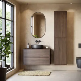 Badplaats Badezimmerschrank Mali 38 x 33 x 160 cm - Walnuss Braun - Hängender Seitenschrank mit 2 Türen