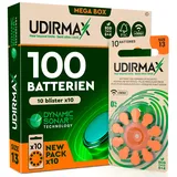 100 Batterien für Hörgeräte Größe 13 Udirmax Orange PR48 Zink-Luft Öko-Pack mit Dynamic Sonar Technologie - 10 umweltfreundliche Blisterpackungen mit 10 Hörgerätebatterien