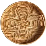 BURLOE Rattan Serviertablett Mit Griffen, Rund Obstkörbe Geflochtene Brot Natürlicher Aufbewahrungskörbe Eierkorb Organizer Obstplatte Picknickkorb Obstschale,Braun,34cm