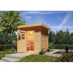Karibu Saunahaus "Ekiti" SET naturbelassen mit Ofen 9 kW ext. Strg., Kabel, Dachfolie