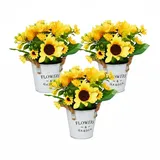 Relaxdays künstliche Sonnenblumen im Topf, 3er Set Kunstblumen wie echt, Kunstpflanzen, unechte Dekopflanzen, gelb/weiß