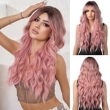 OUFEI Ombre Rosa Perücken für Frauen Lange Lockige Perücke mit Pony Synthetisches Haar Hitzebeständige Perücken für Tägliche Party Cosplay Tragen