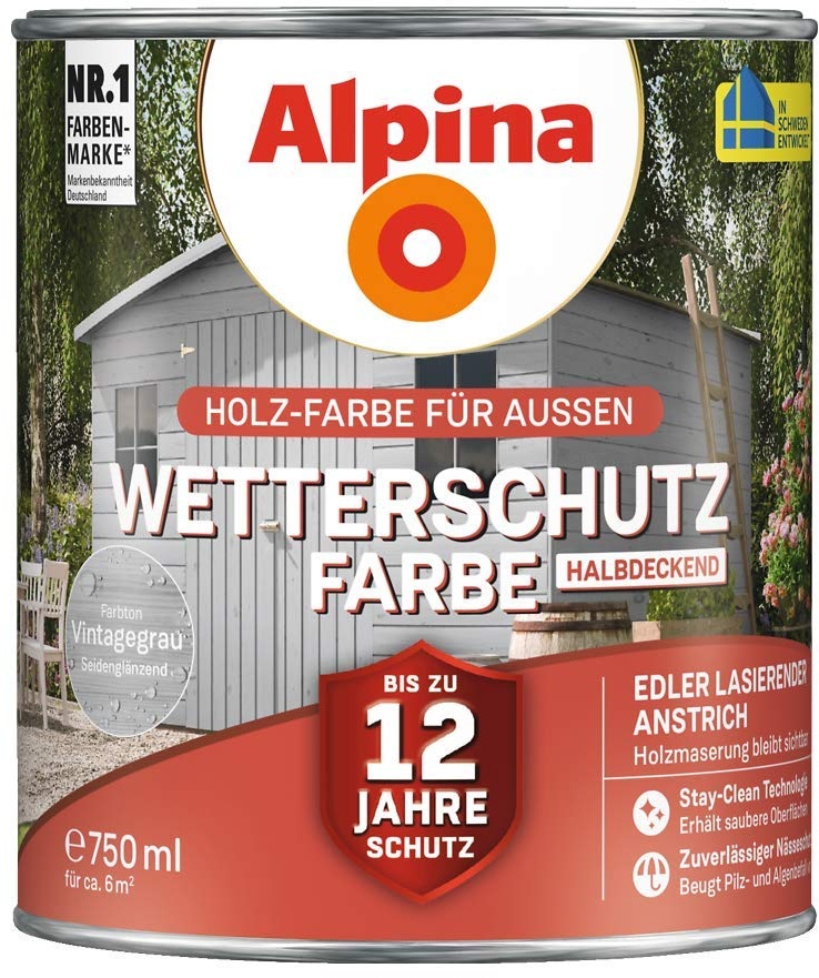 Alpina Holz-Wetterschutz-Farben – Vintagegrau, halbdeckend – bis zu 12 Jahre Schutz vor Witterung und Nässe – schmutzabweisend, deckend & ergiebig – 750 ml