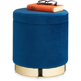 Relaxdays Samthocker mit Stauraum, rund, eleganter Polsterhocker, modern, Samt Sitzhocker, H x D 41,5 x 37 cm, blau/Gold