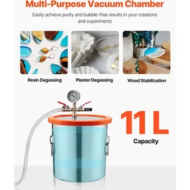 Vevor 11,36 L Vakuumkammer mit Pumpe, 99 L/min, Edelstahl, Entgasungskammer-Kit, einstufig, Deckel aus gehärtetem Glas, 1,5 m Schlauch, zur Stabilisierung von Holzentgasungs-Silikonharz
