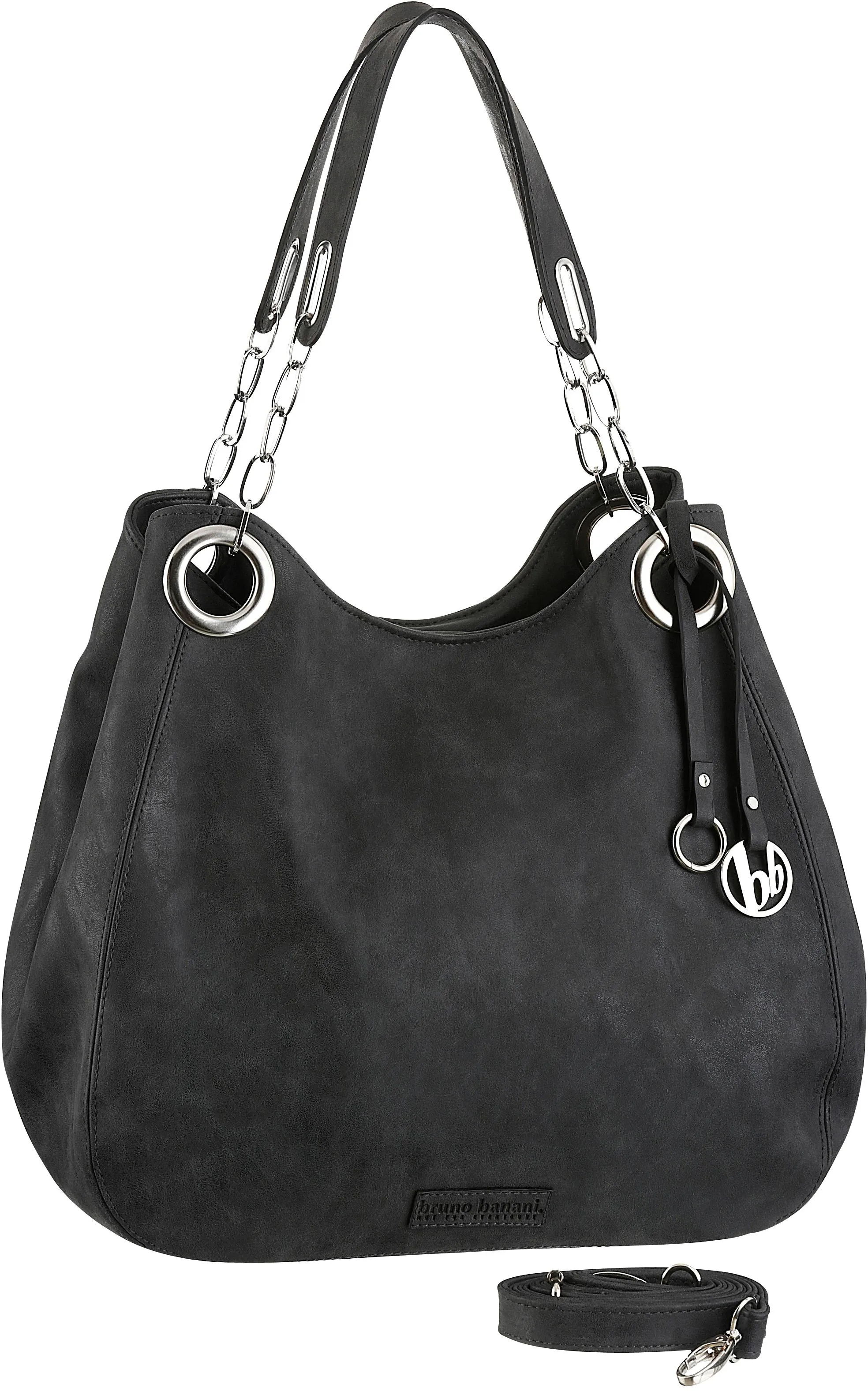 Henkeltasche BRUNO BANANI Gr. B/H/T: 34 cm x 30 cm x 16 cm, schwarz Damen Taschen Handtaschen mit Schmuckanhänger und silberfarbenen Details