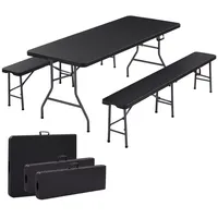 Bierzeltgarnitur 3-teilig Set Tisch + 2 X Bank Festzeltgarnitur Für Drinnen - Draußen Biertisch Set Zusammenklappbar & Mit Tragegriff Campingtisch Rattan-look Schwarz - Arebos